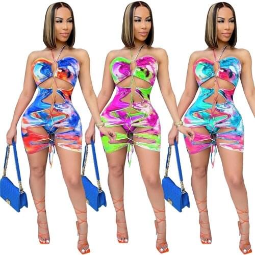 Sexy Tie Dye Halter Bathing Suits Women Swimsuit 2 Pieces Cut out off Shoulder Mini Dress and Brief Summer Bikinis Sets 2021