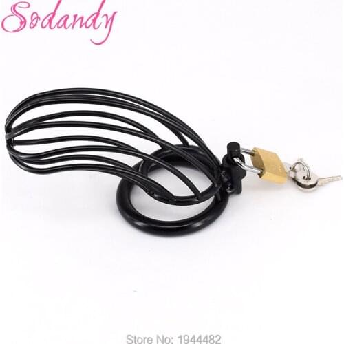 SODANDY 2018 Black Male Chastity Devices Mens Cock Cage Long Metal Penis Restraints Locking Cock Ring Alloy Penisring Sex Toys