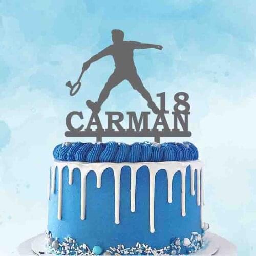 Custom Name Age Man Playing Badminton Silhouette Cake Topper For Badminton Fans Birthday Party Cake Decoration YC281