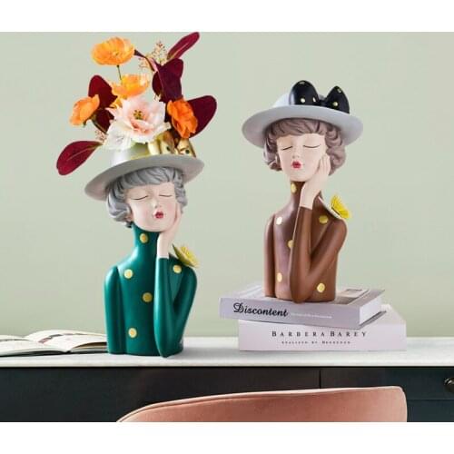 Nordic Creative Resin Human Head Vase Cute Bow Girl Vases Ornaments Living Room Desktop Flower Arrangement Container Decoration