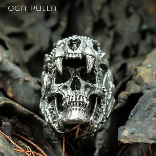 Vintage Mens Indian Jaguar Warrior Skull Ring Cool 316L Stainless Steel Biker Ring Hip Hop Rocker Massive Jewelry For Party