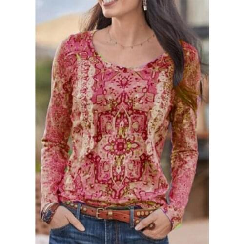 Print Harajuku Autumn Casual Women Clothes Long Sleeve Loose Tshirt Street Ethnic Vintage Print O-neck Tops Loose Femme T-shirts