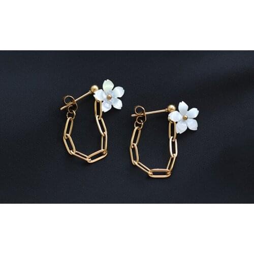 RHYSONG Stainless Steel White Shell Peach Blossom Stud Earrings OL Sstyle Back Hanging Earring Pendientes Jewelry For Women Gift