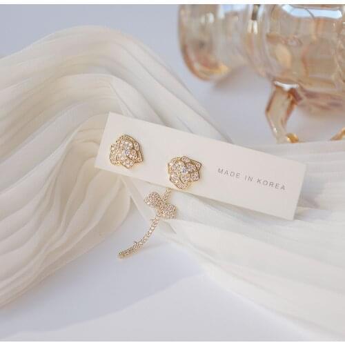 14k Real Gold Plated Fashion Jewelry Micro-inlaid Zircon Rose Flower Earrings for Woman Long Asymmetrical Holiday Luxury Earring