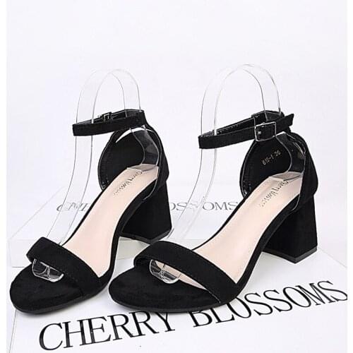 2019 spring and summer new thick with suede round head hollow color matching word buckle with high heels ladies sandals