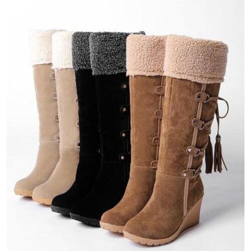 Women Winter Snow Boots Wedge High heels Ladies Lace Plush Warm Knee-High boots Fashion Footwear Female Plus Size 43 Winter shoe
