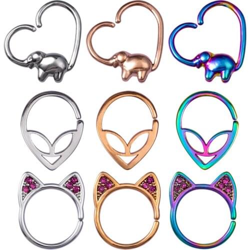 1pc Nose Ring Hoop Septum Rings Copper Cartilage Earring Piercing Helix Ear Stud Elephant Alien Shaped Tragus Body Jewelry 18G