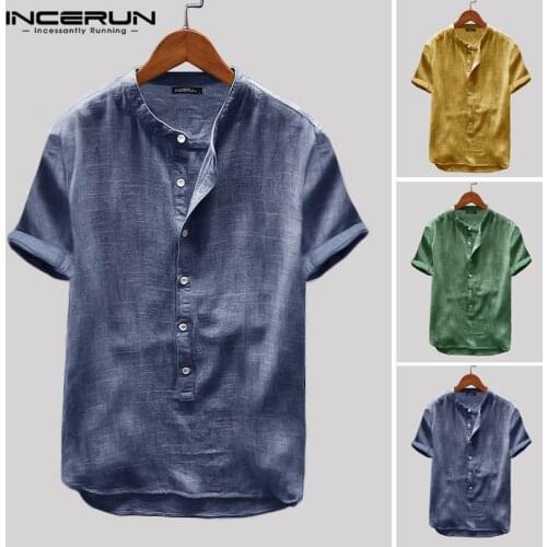 INCERUN 2021 Breathable Mens Shirt Button Up Loose Short Sleeve Solid Color Pullovers Harajuku Vintage Casual Shirt Men Camisa