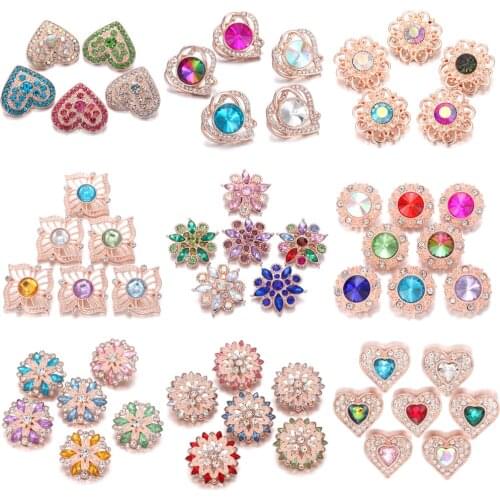6pcs/lot Newest Rose Gold Snap Jewelry Crystal Rhinestone Flower Love Heart Metal 18mm Snap Buttons Fit DIY Snap Button Bracelet