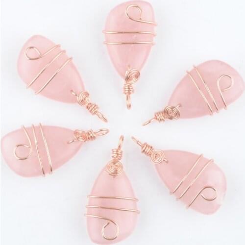 6Pcs Natural Stone Rose Quartzs Copper Wire Wrap Pendant Irregular Geometric Bead Rose Gold Color Dangle Charms Jewelry QN4175