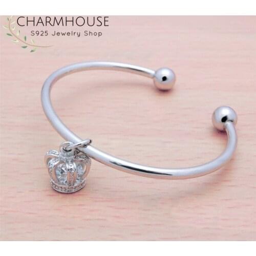 Pure Silver Charm Bangles For Women Zircon Crown Cuff Bangle & Bracelet Pulseira Femme Wedding Jewelry Accesories Bijoux Gifts