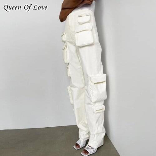 BF Style High Waist Streetwear Cargo Pants Women 2021 Autumn Fashion Multi Pocket Trousers Solid Casual Baggy Pant White