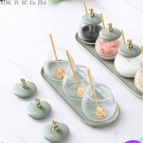 Household Glass Seasoning Jar Ceramic Cover Combination Storage Rack Ceramic Green Storage Tray Kitchen Storage Supplies