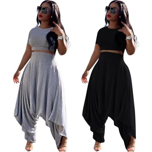 Black/Gray Two Piece Set Crop Tops And Long Harem Pants Sexy Summer Casual Short Sleeve 2 Piece Set Women Solid Color Outfits