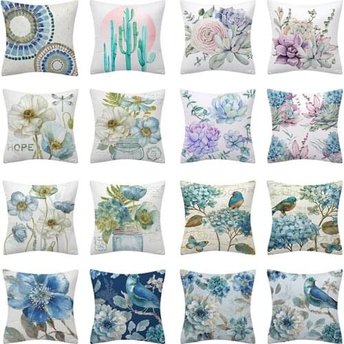 Blue Flower Bird Pattern Decorative Pillowcase Tropical Plant Cushion Cover 45X45 Polyester Pillow Cover Sofa Cushion Home Decor