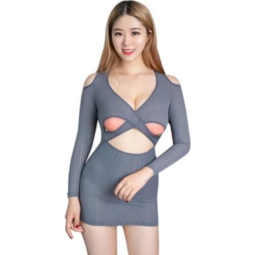 Erotic Dress High Elastic Vertical Stripe Micro MINI Dress Longsleeves See Through Hollow Out Pencil Cute Straight Tight Dress