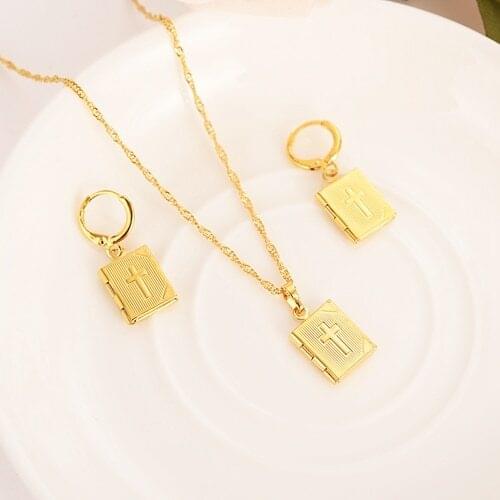 Small photo frame cross Necklace & Earrings Set Gold Color Catholic Religious wedding partyJewelry Set Christmas Gift For Women