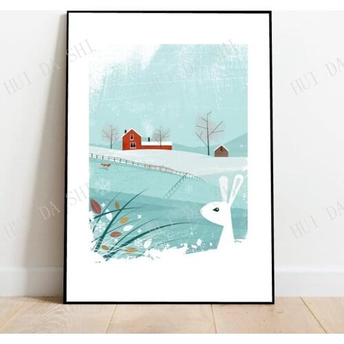 Fox and White rabbit in the snow, retro midcentury 1960s scandi Illustration print/poster - Architecture print