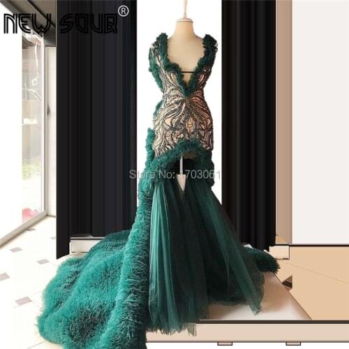 Islamic Dubai Green Formal Evening Dress Middle East Beading Formal Gowns Special Fabric Split Side Party Prom Dresses Couture