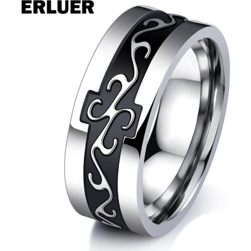 ERLUER European American Style Retro Stainless Steel Dragon Tattoo Mens Ring For Men Black Color Wide Punk Rings Anel
