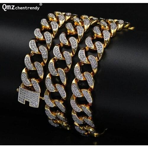 Mens Hip hop 13mm Iced Out Zircon Jewelry Miain Cuban Chain Necklace Golden micro CZ Pave Clasp Cuban Necklace Drop Shipping