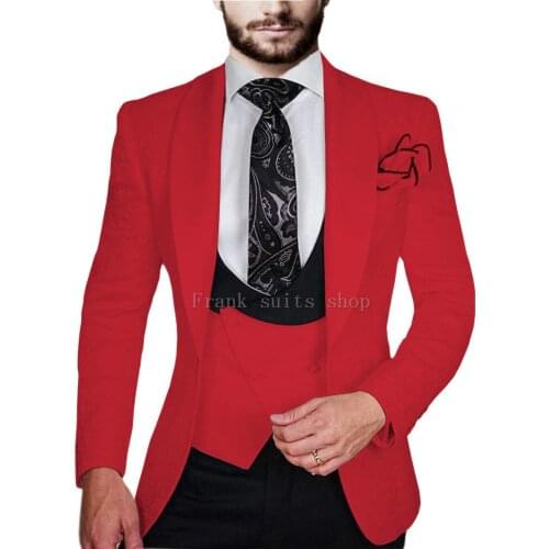 2019 New Men Suit One Button RED White Jacquard Suit with Pants Tuxedo Big Shawl Wedding Suit Custom style 3 Pieces
