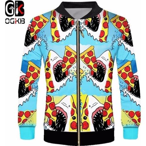 OGKB Unisex Lovely Cartoon Funny Printing Shark Eat Pizza Jacket Foodaholic Coats Long Sleeve Sweatshirt Fashion Slim Trackshirt