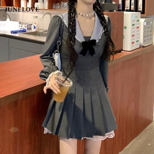 2021 Autumn Kawaii Elegant Dress Women Casual Korean Fashion Party Mini Dresses Lace Long Sleeve College Style Sweet Cute Dress