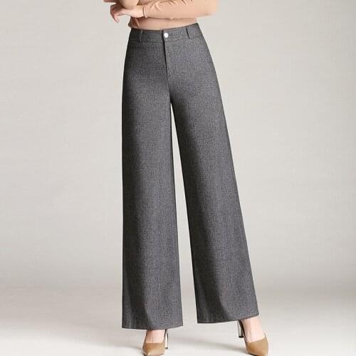 Fall Winter Office Ladies Womens Grey Balck Wine Red Wide Leg High Waist Loose Thick Trousers , Autumn Formal Pants For Woman