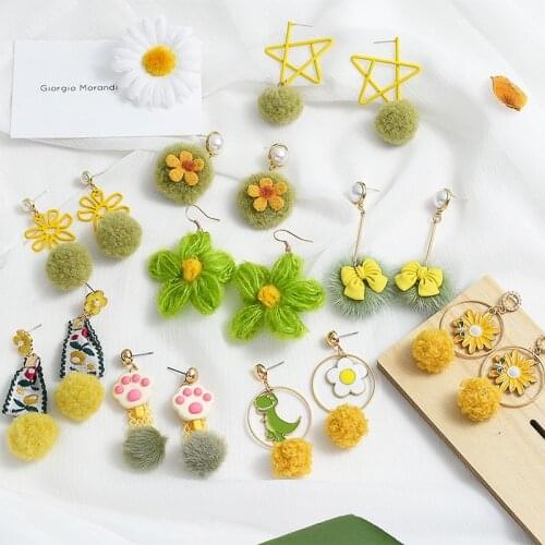 Creative Charms Yellow Green Color Earrings For Women Cute Flower Ball Pendant Drop Ear Jewelry Accessories