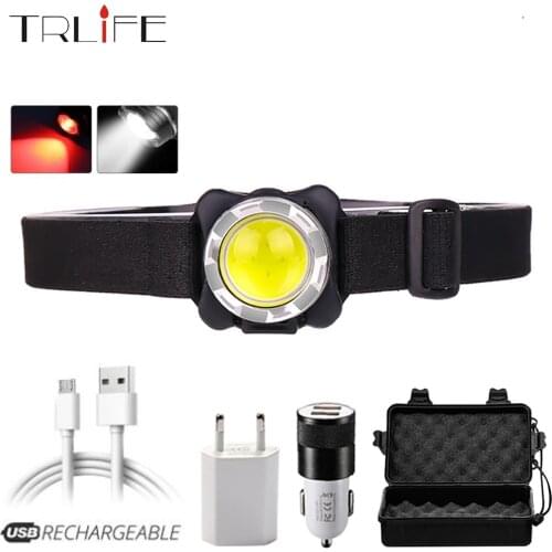 COB LED Headlamp USB Built-in Battery Rechargeable Headlight Waterproof Head Lamp White Red Lighting for Camping