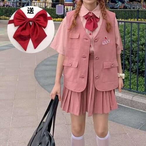 Womens Skirt Suits Cotton Three Piece Suits Workwear Vest Embroidery Thin Pink Shirt and Pleated Skirt 3 Piece Sets Kawaii Sets