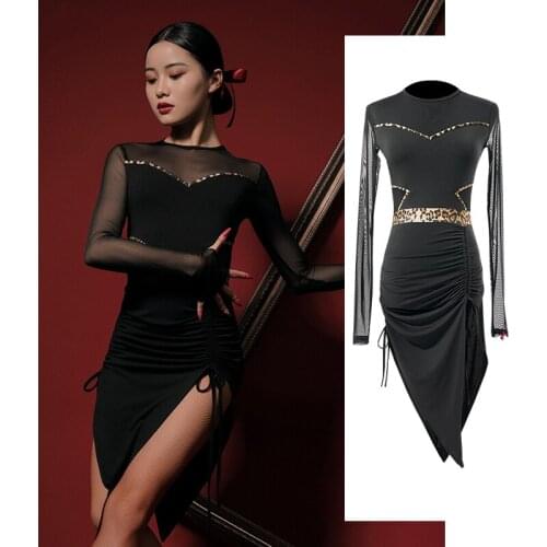 2021 Sexy Women Latin Dance Dress Long Sleeve Sexy Mesh Practice Dress Chacha Samba Tango Latin Performance Clothes Wear SL4596
