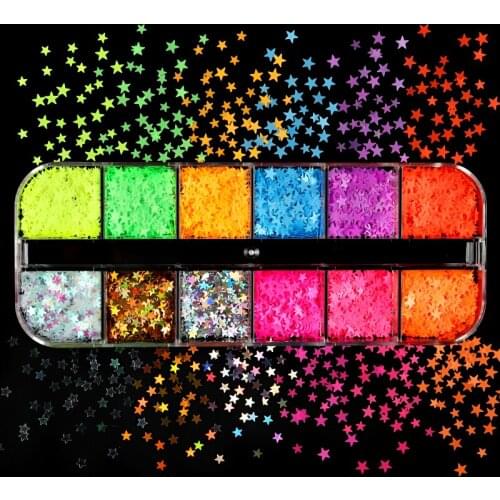 12 Grids Fluorescence Star Shape Nail Art Glitter Flakes Colourful Sequins For Nails Decorations UV Polish Manicure Accessories