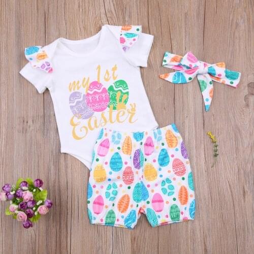 Easter Baby Boys Girls Romper 3pcs Clothing Cotton Soft Summer Clothes Infant Short Sleeved Romper+Shorts+Headband Toddler