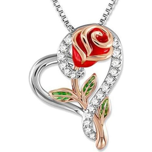 6Pcs Love heart Rose With Rhinestone Pendant Couple necklace Valentine Day Engagement party Jewelry gift T-55