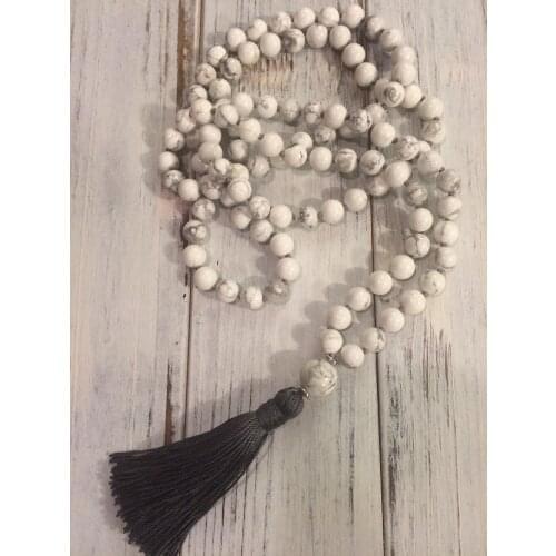8MM Howlite108 Mala Beads Necklace Buddhist Prayer Beads For Calming Hand Knotted Necklace Tassel Necklaces White Necklaces