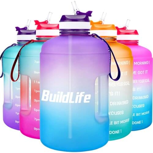 BuildLife 1 Gallon Water Bottle with Straw Time Marker 3.78L 2.2L 1.3L BPA Free Plastic Large Capacity Fitness Sport Water Jugs