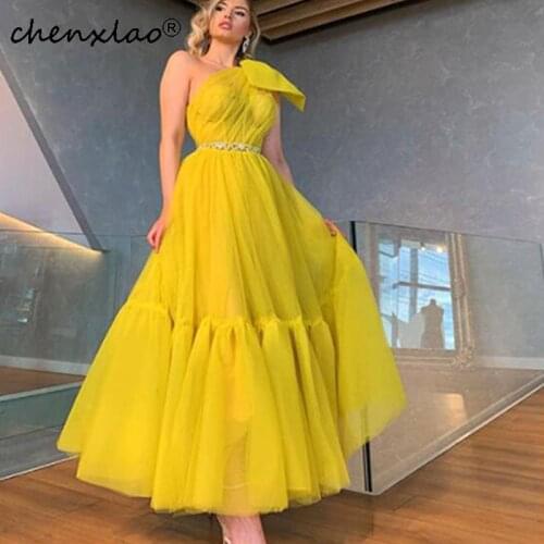 Chenxiao Real Yellow Tiered Tulle Evening Dresses Bow One Shoulder A-Line Crystal Belt Saudi Arabian Fashion Gowns