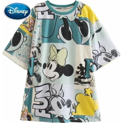 Disney T-Shirt Fashion Minnie Mouse Cartoon Print Short Sleeve Harajuku Vintage Women Cotton Korea Female Loose Tee Tops Femme