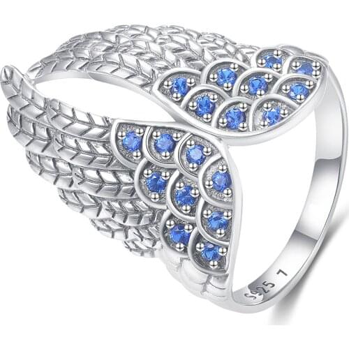 GW Unusual 925 Sterling Silver Angel Wings Rings Jewelry Vintage Feather wiht Blue CZ Rings For Women Fine Jewelry RIPY102