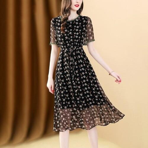 Only Plus Summer Chiffon Silk Women Dress Elegant Holiday Beach Party Dresses transparent Printed Floral Vestidos Black Lace Up