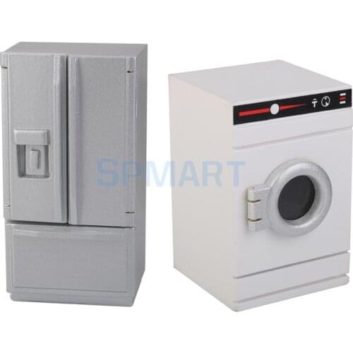 Mini Wooden Silver Fridge Refrigerator & White Washer Machine for 1/12 Dolls House Miniature Furniture Dollhouse Accessories
