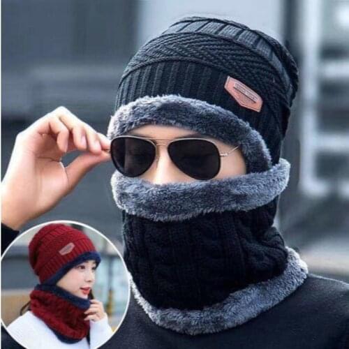 Mens And Womens Fashion Hat Autumn Winter Knitted Neck Scarf And Hat Set Plush Thick Wool Cover Head Beanies Warm Caps For Man