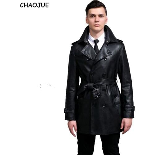 CHAOJUE Leather Jacket 2018 plus size slim black PU leather trench coat for mens double breasted leather coats uk man outwear