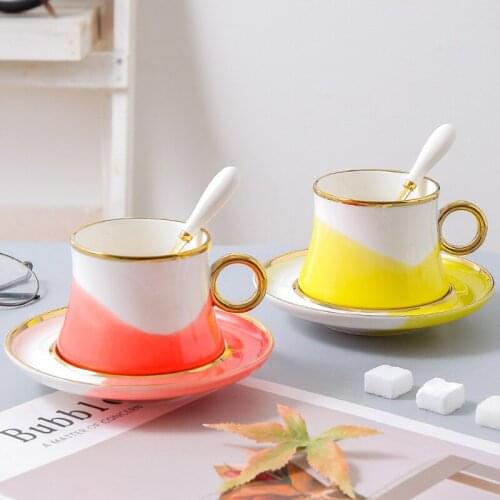 Nordic CreativeDichromatic Porcelain Cup With Saucer Spoon Special Ceramic Coffee Tea Cup Mug Plate Unique Gifts For Friends Her