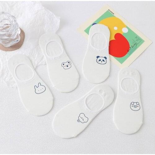 5 Pairs White Women Socks Set Trend Cartoon Cute Animal Head Print Japanese Style Ankle Breathable Cotton Low Cut Invisible Sox