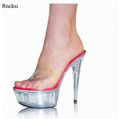 Rncksi Plus Size New Dance Sexy woman 15 cm high heel waterproof table cool flash powder crystal slippers model Women Slippers