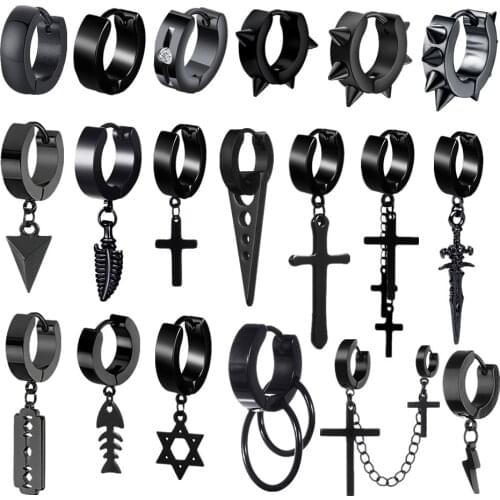 2021 New Black Punk Stainless Steel Women Men Hoop Earrings Small Trendy Round Cross Pendants Jewelry Accessories Gifts Earrings