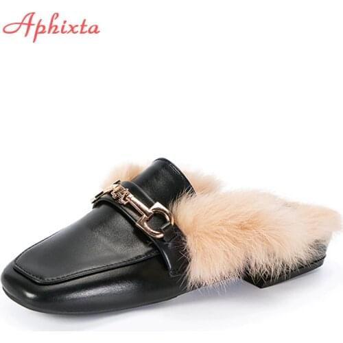 Aphixta Luxury Metal Buckle Real Rabbit Hair Slippers Women Shoes Real Fur Square Heel Warm Mujer Slides Plus Big Size 34-43